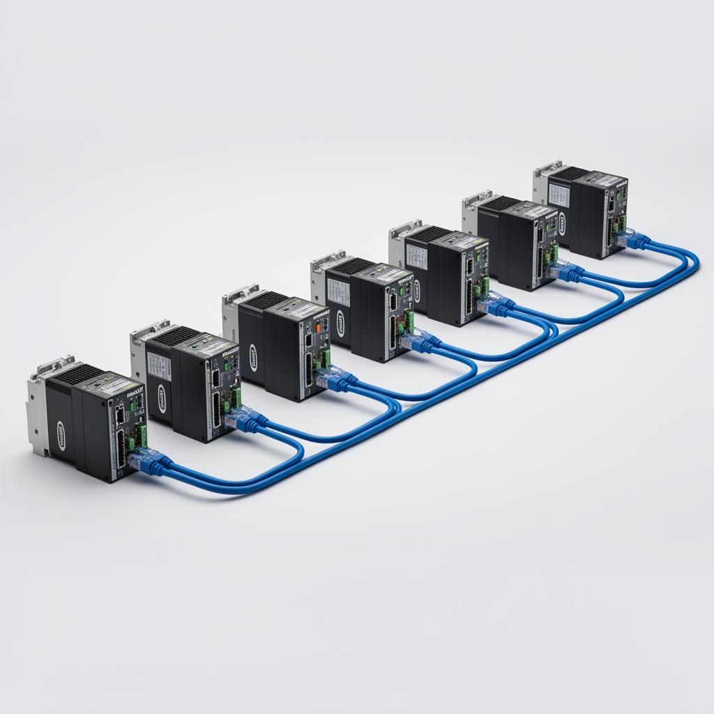 EtherCAT network topology with servo drives and PLCs connected in daisy chain