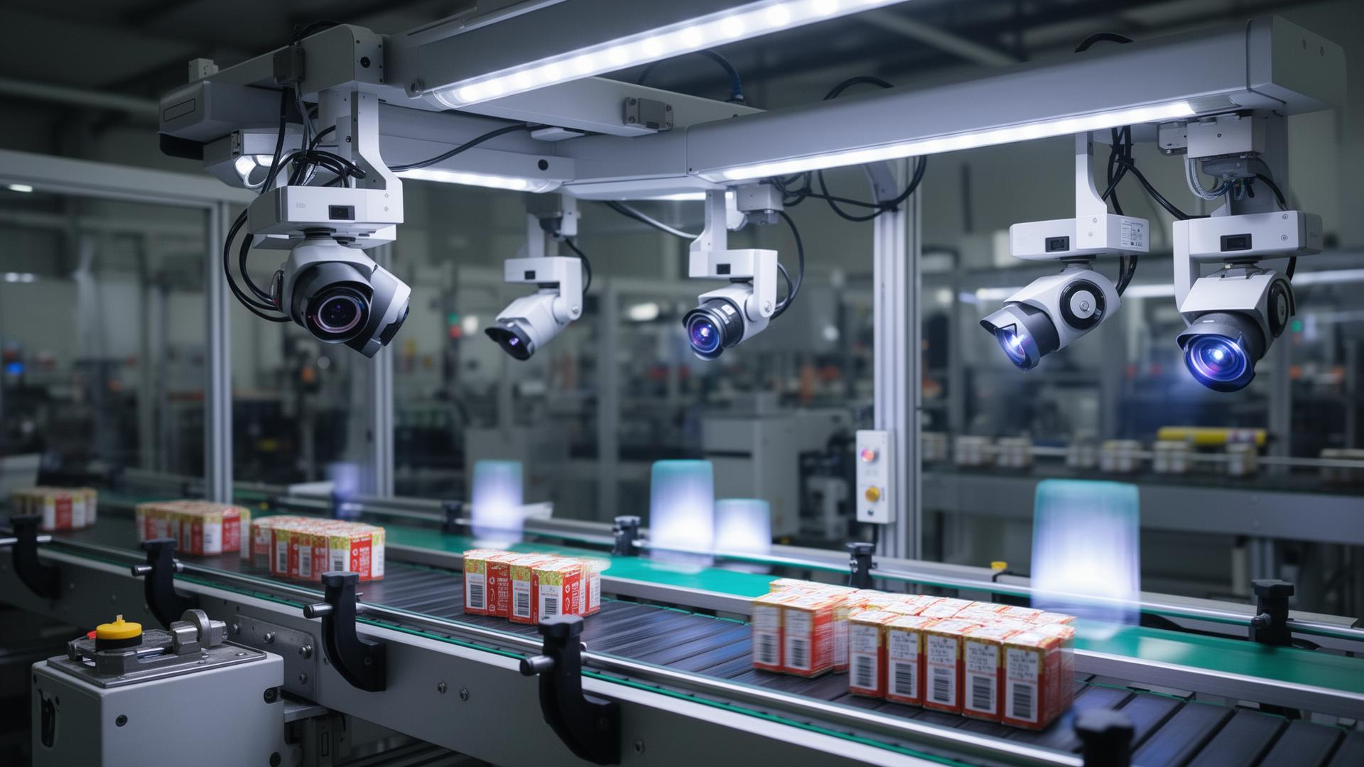 Industrial machine vision AOI computer with multiple cameras inspecting parts on a production line