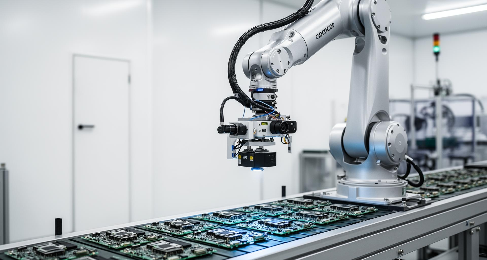 Industrial robotic arm with machine vision camera inspecting electronic components