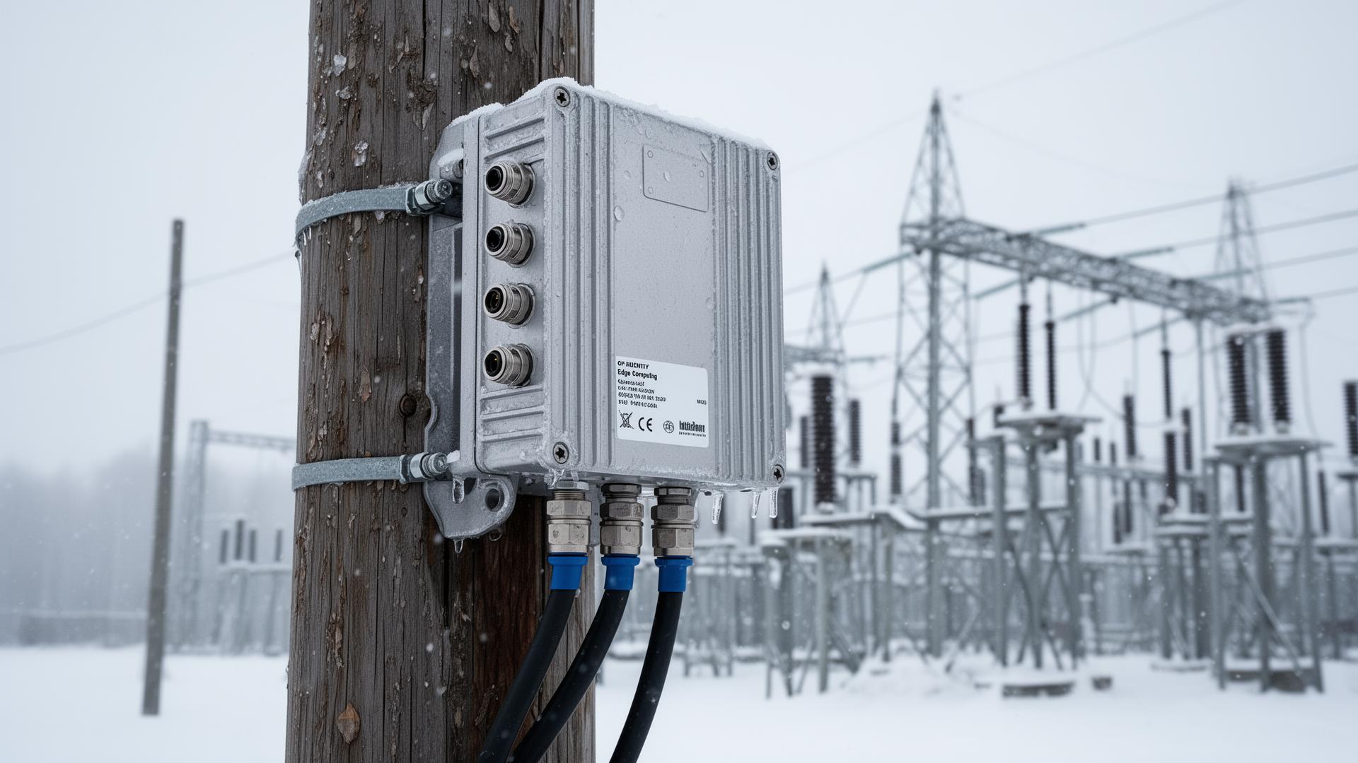 Industrial outdoor edge computing device mounted on utility pole in harsh winter environment with power substation
