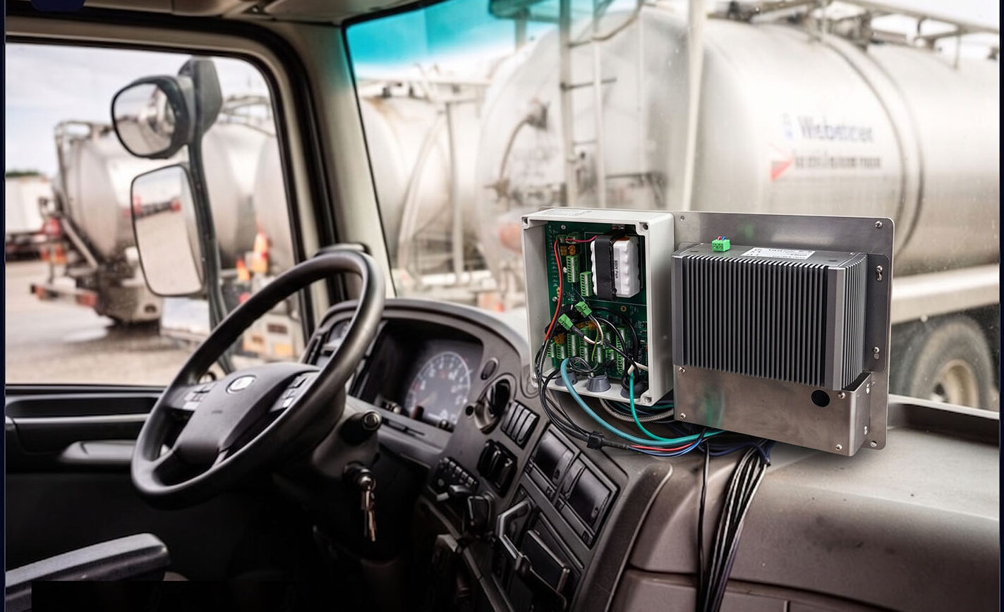 BITECH AX-234BT industrial control unit mounted inside a Danish milk transport truck cabin