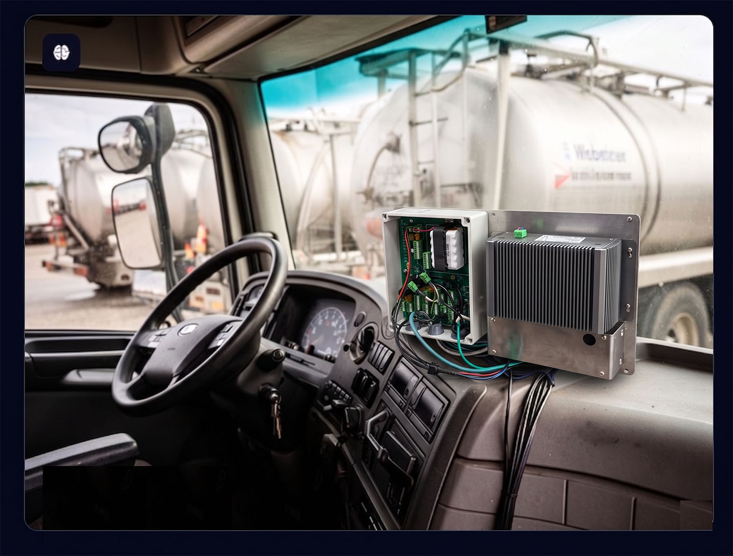 BITECH AX-234BT industrial control unit mounted inside a Danish milk transport truck cabin