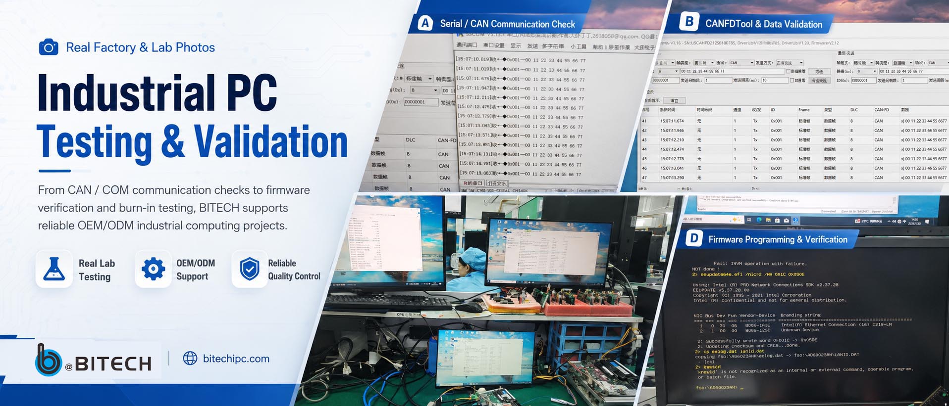 BITECH QC verification lab in Shenzhen with multiple test stations and anti-static workbench 