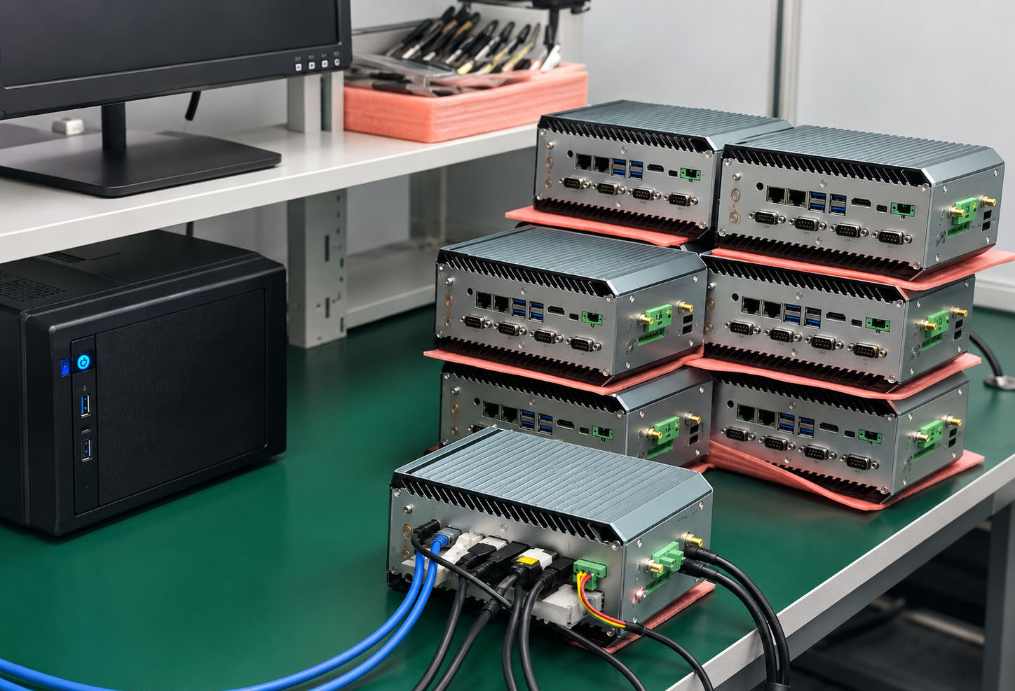 Custom rear I/O panel with four additional COM ports, USB 2.0, and GPIO terminal block