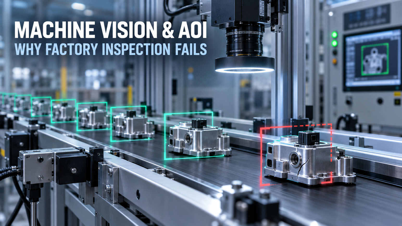 Industrial machine vision AOI station inspecting PCBs on a factory line with controlled lighting
