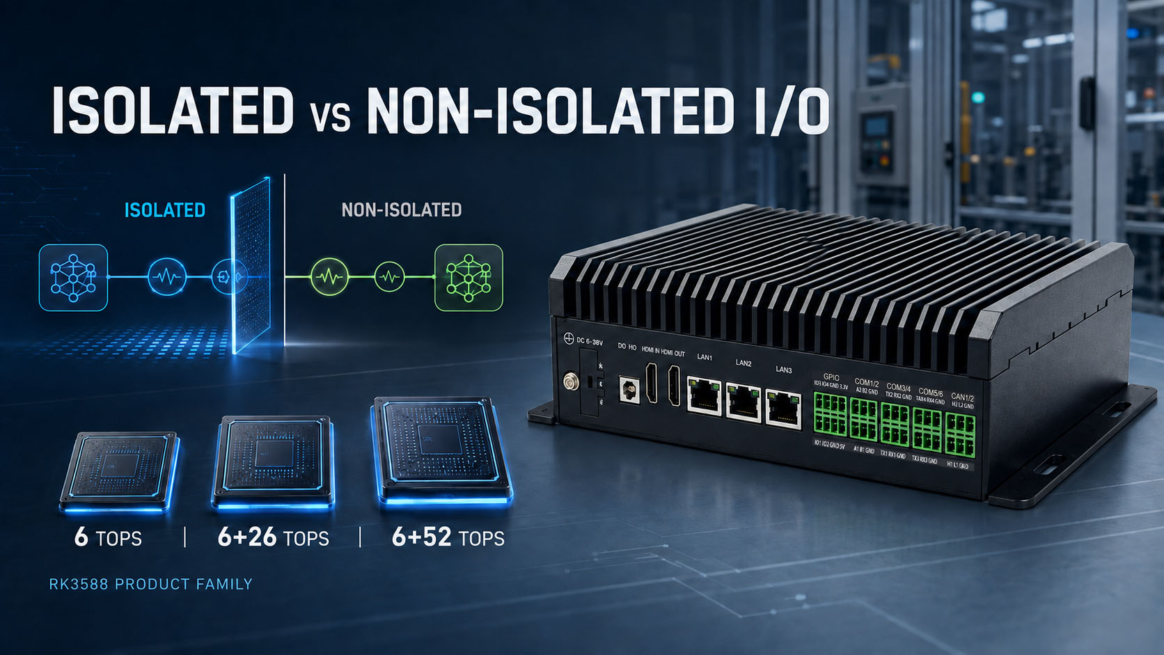 Isolated vs non-isolated IO and 6 to 58 TOPS how to match the RK3588 product family to your floor environment and AI workload.