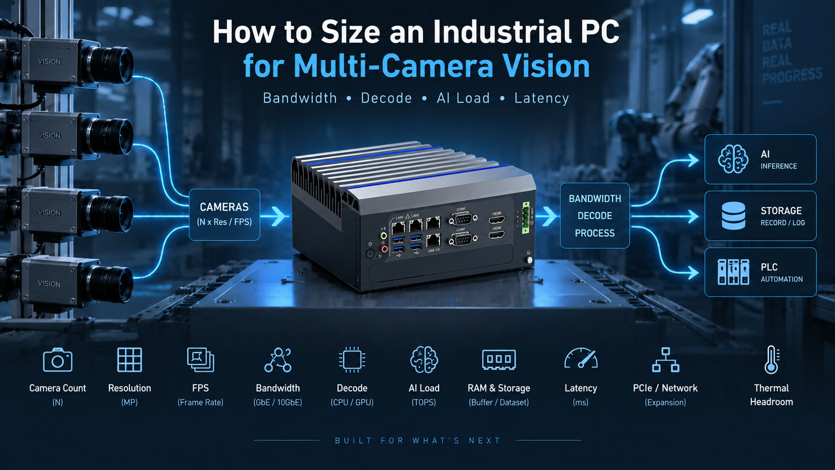 Multi-camera machine vision data path from cameras through an industrial PC to a PLC