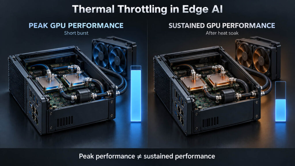 Peak GPU performance versus sustained performance over time for an Edge AI computer