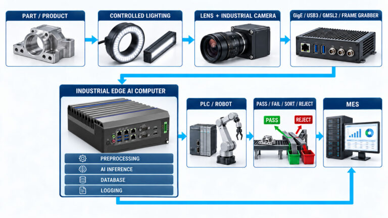 Production vision chain — lighting, camera, industrial edge AI computer, PLC and MES