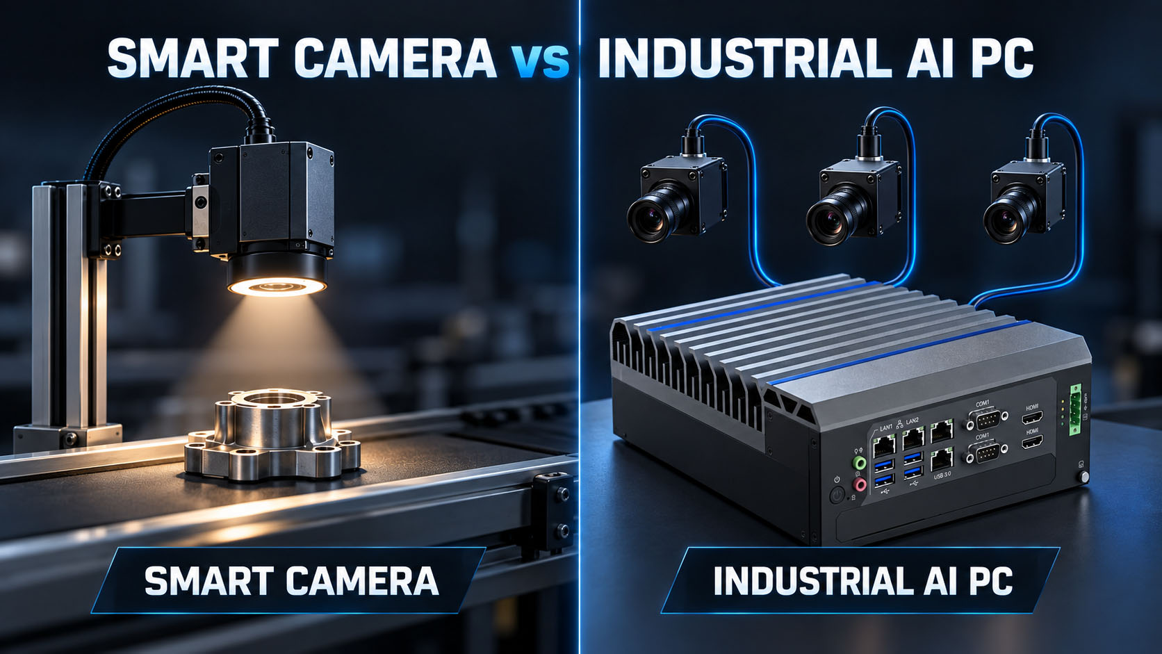 Smart camera AI vision controller and industrial AI PC compared for a machine vision system