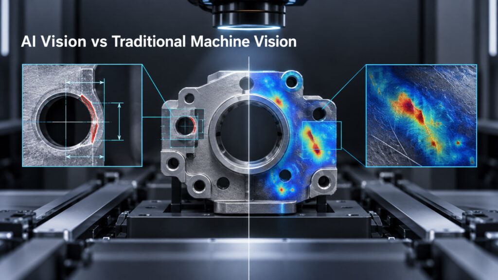 Traditional rule-based machine vision compared with AI vision and hybrid inspection architecture