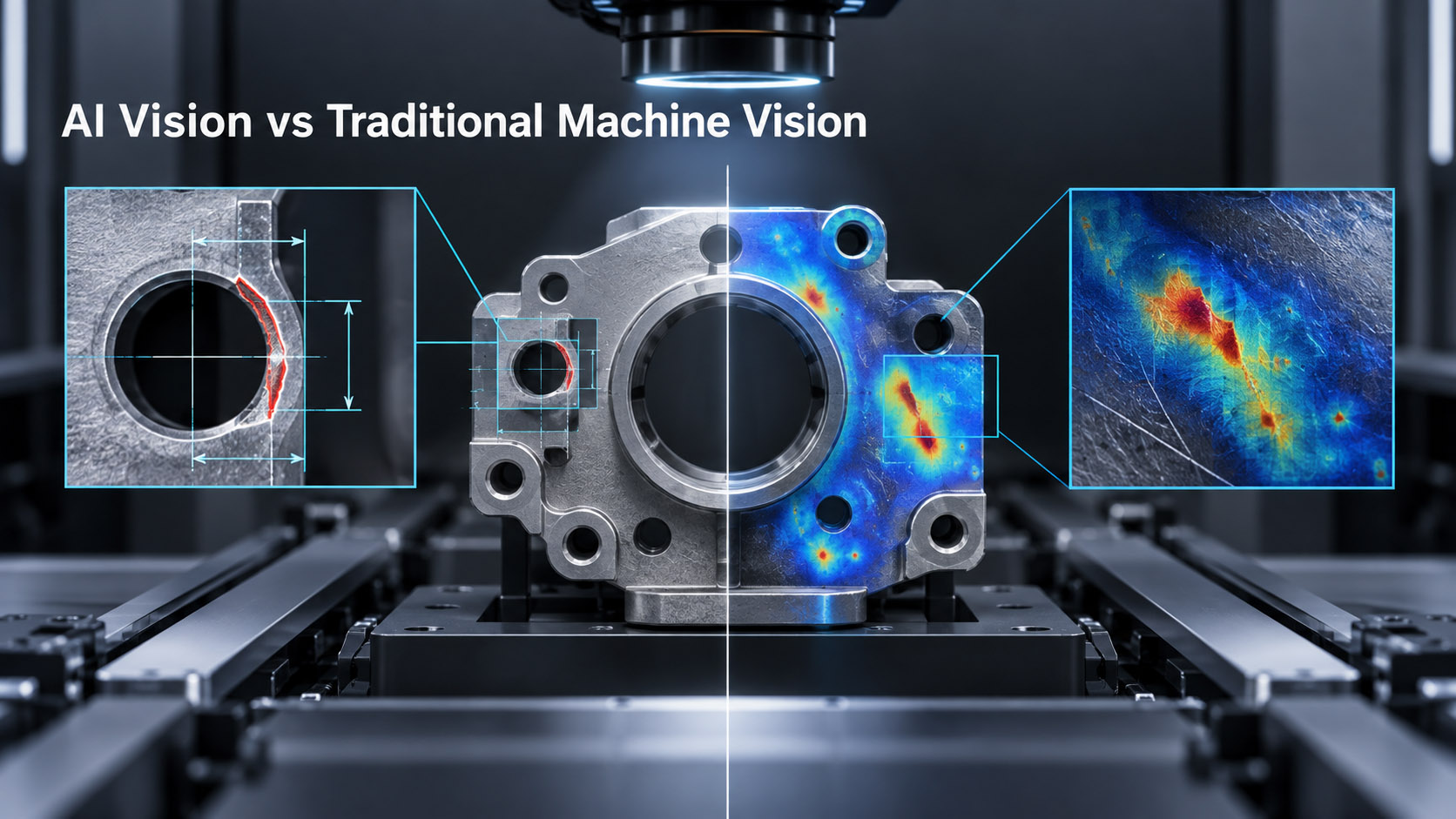 Traditional rule-based machine vision compared with AI vision and hybrid inspection architecture