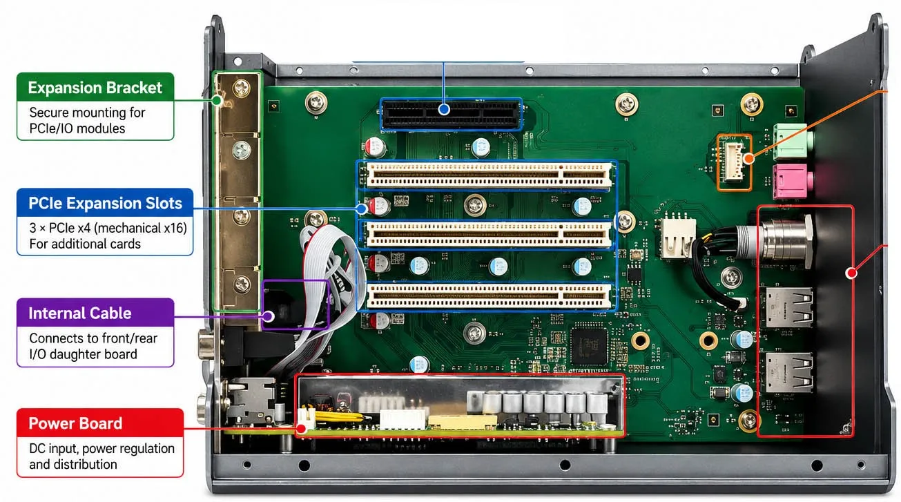 Inside AX-530EBT showing three legacy PCI slots and one PCIe x4 slot